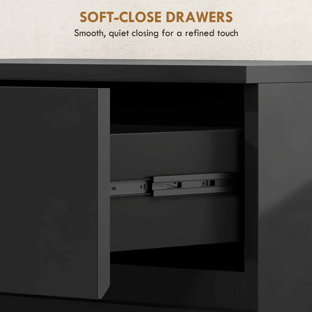 Interior view of a black dresser chest showing drawer slides and soft-close hardware