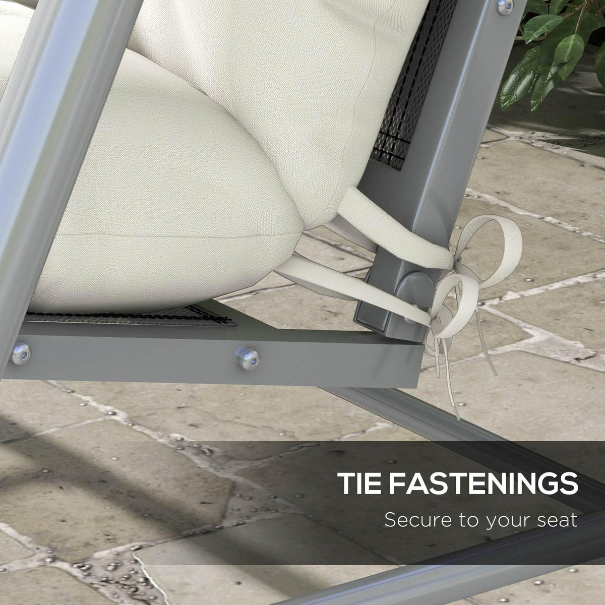 White cushion tie fastenings securing the seat cushion on swing