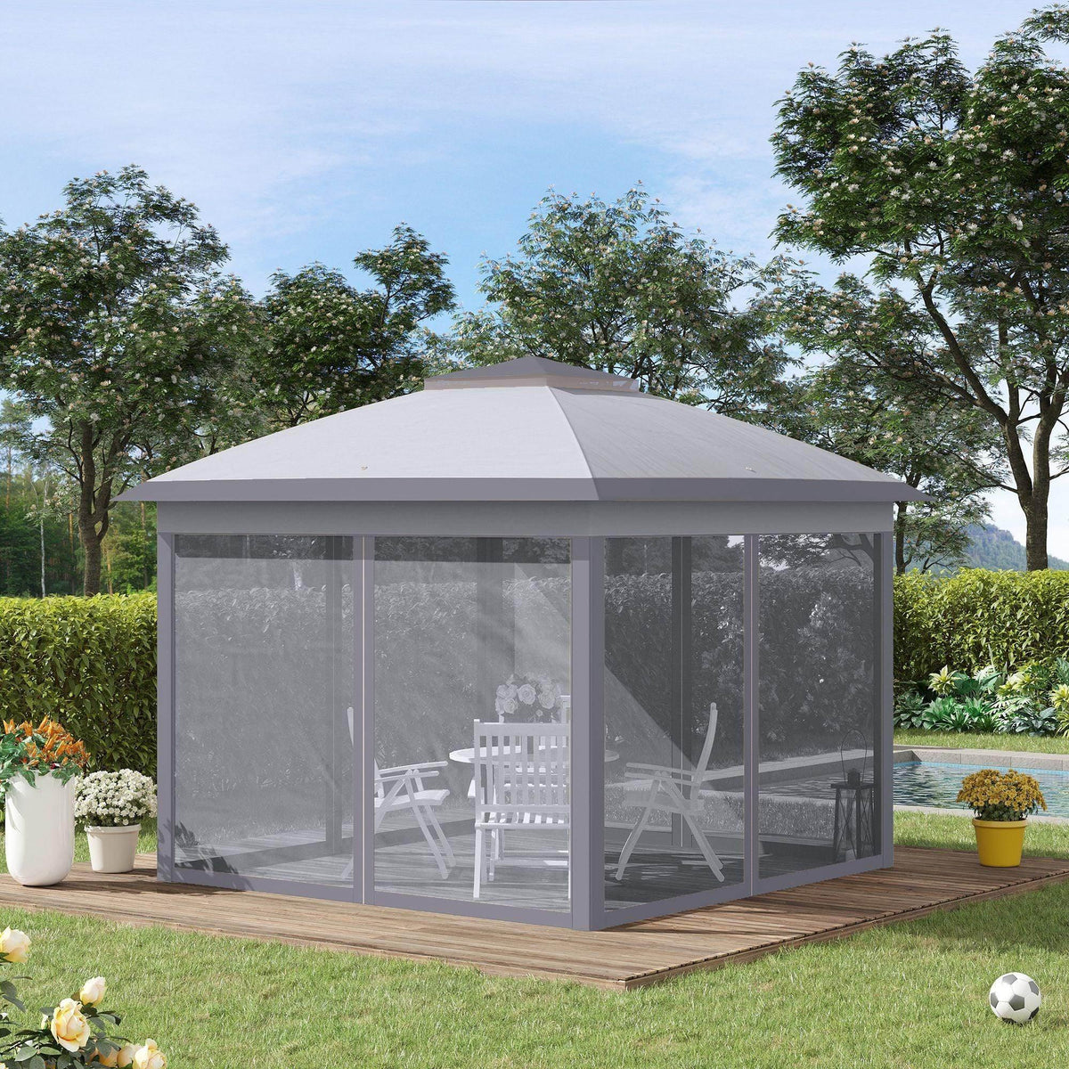 Grey pop-up gazebo with adjustable canopy, mesh sidewalls, and open seating frame.