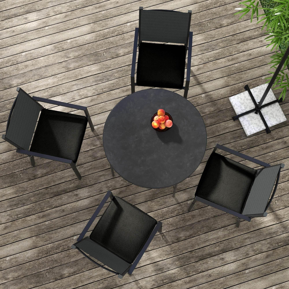 Black outdoor patio chair cushion set with ties, four cushions laid out