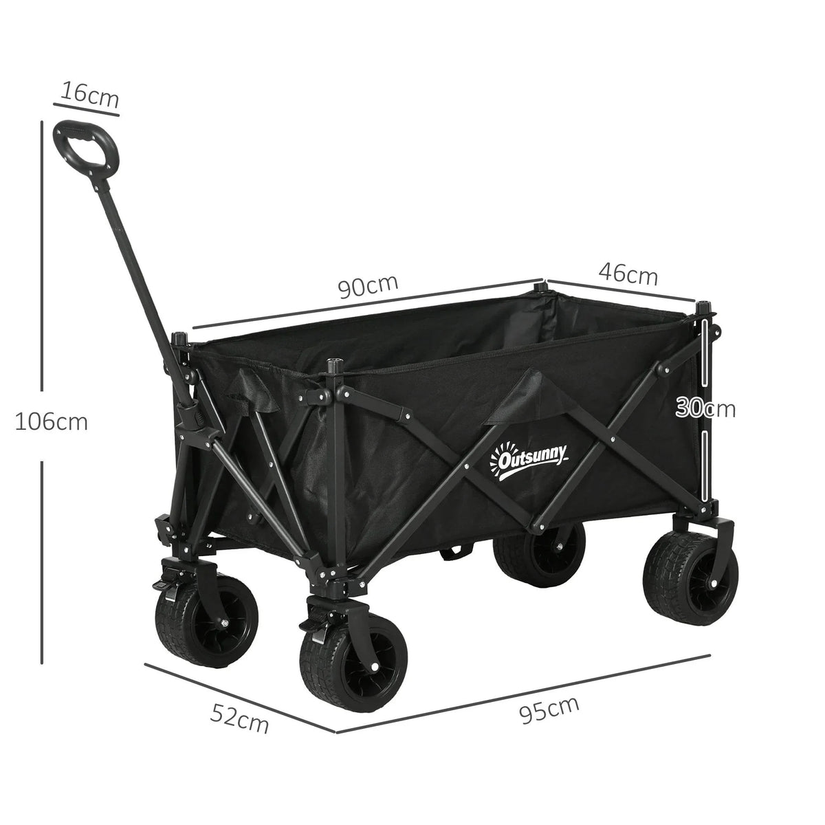 Black foldable garden wagon cart with side panels, frame, and four caster wheels