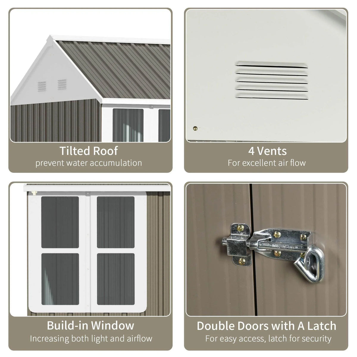 Feature panel: tilted roof, 4 vents, built-in window, double doors with latch