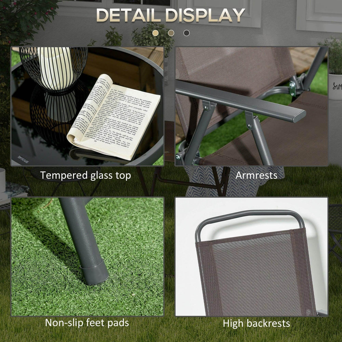 Outdoor bistro set detail: tempered glass tabletop, armrests, non-slip feet, high backrests