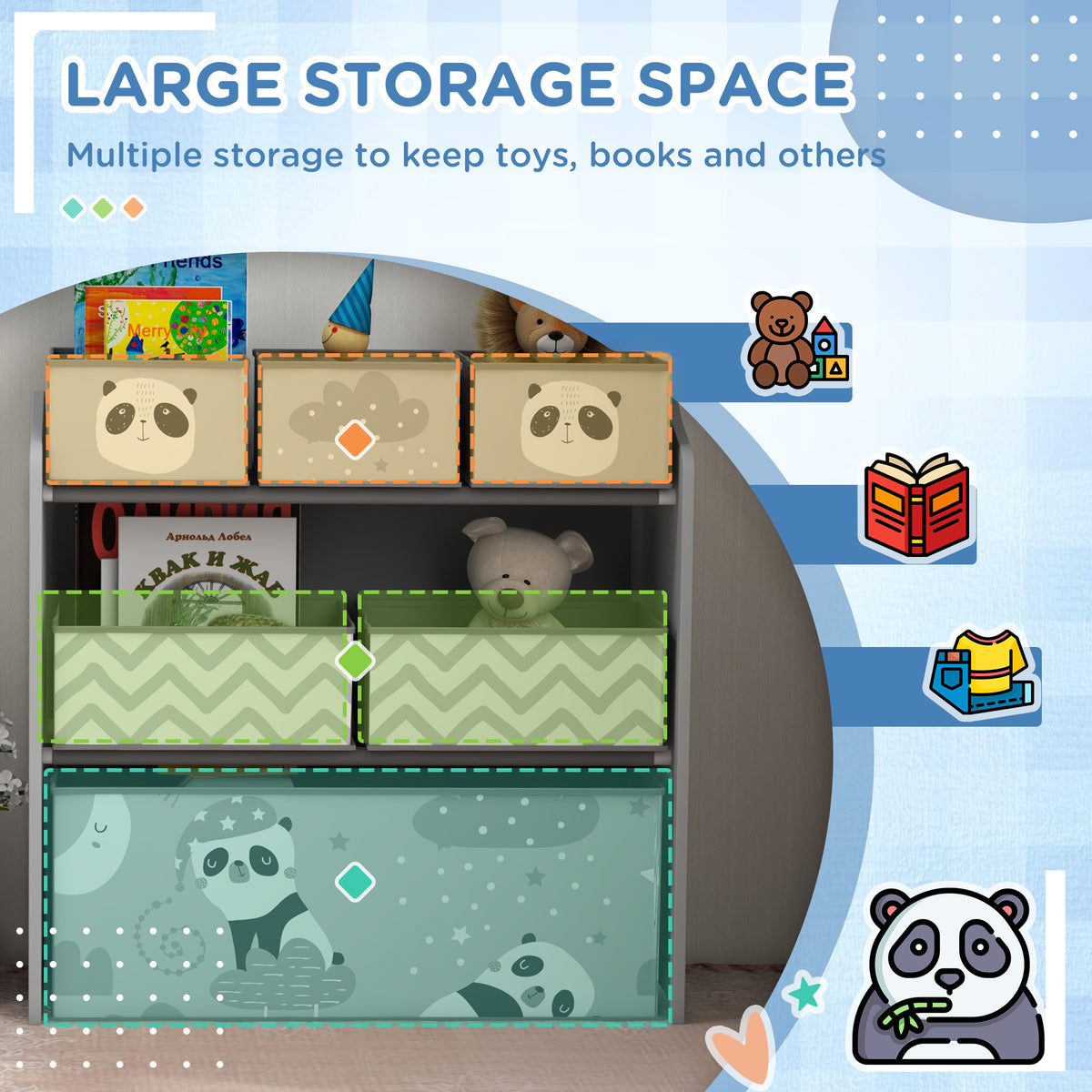 Kids storage unit with six fabric bins, panda graphics and removable drawer-style bins