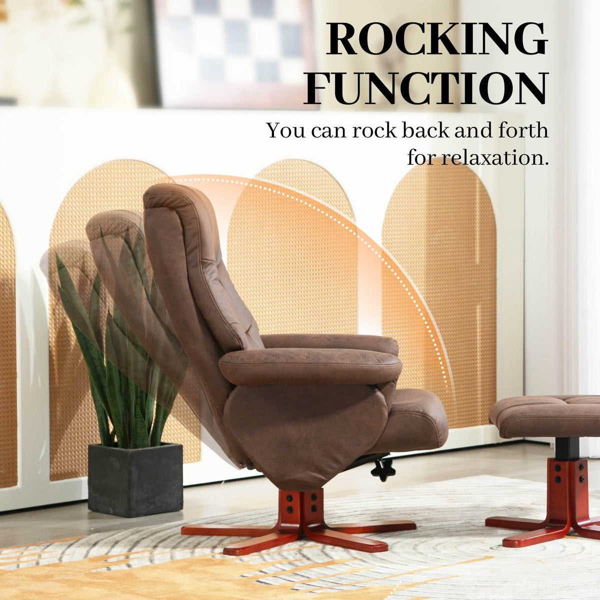 Dark brown rocking recliner chair with padded back and footrest, red wooden base