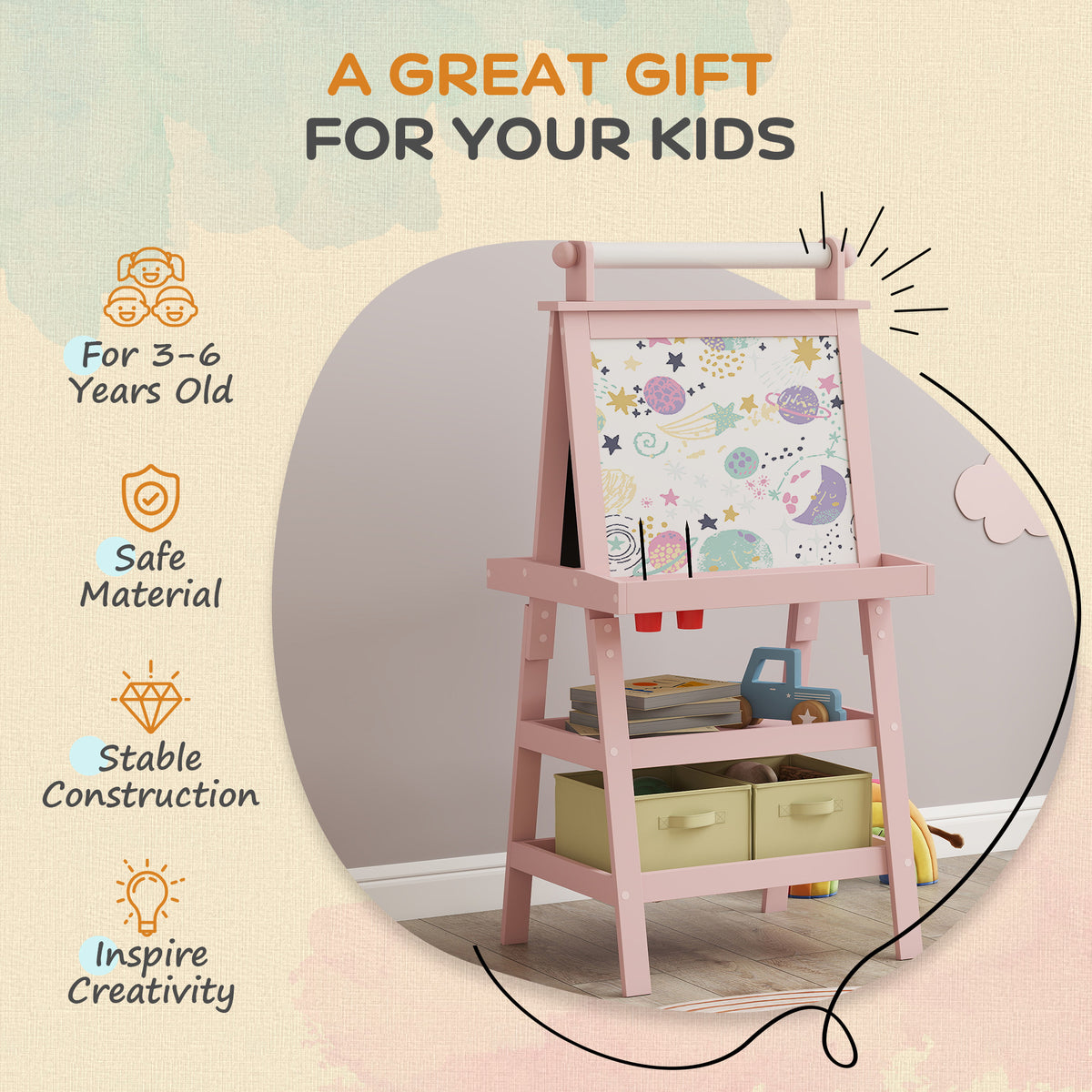 Pink 3-in-1 kids art easel with storage shelves and paper roll writing board