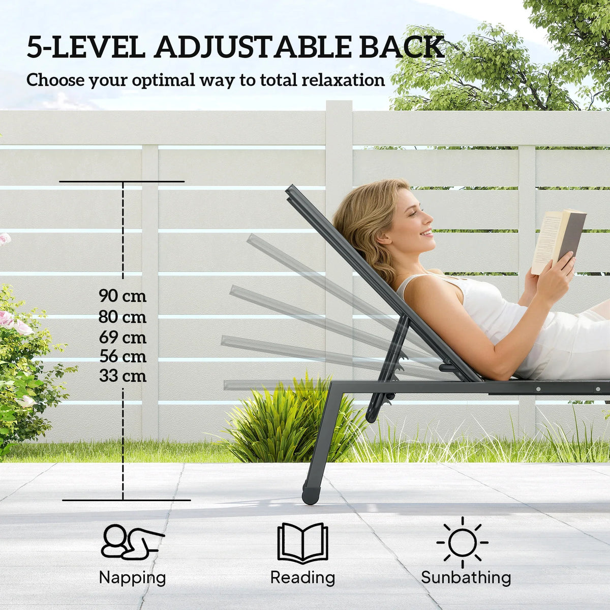 Grey adjustable sun lounger chair with 5-position reclining backrest