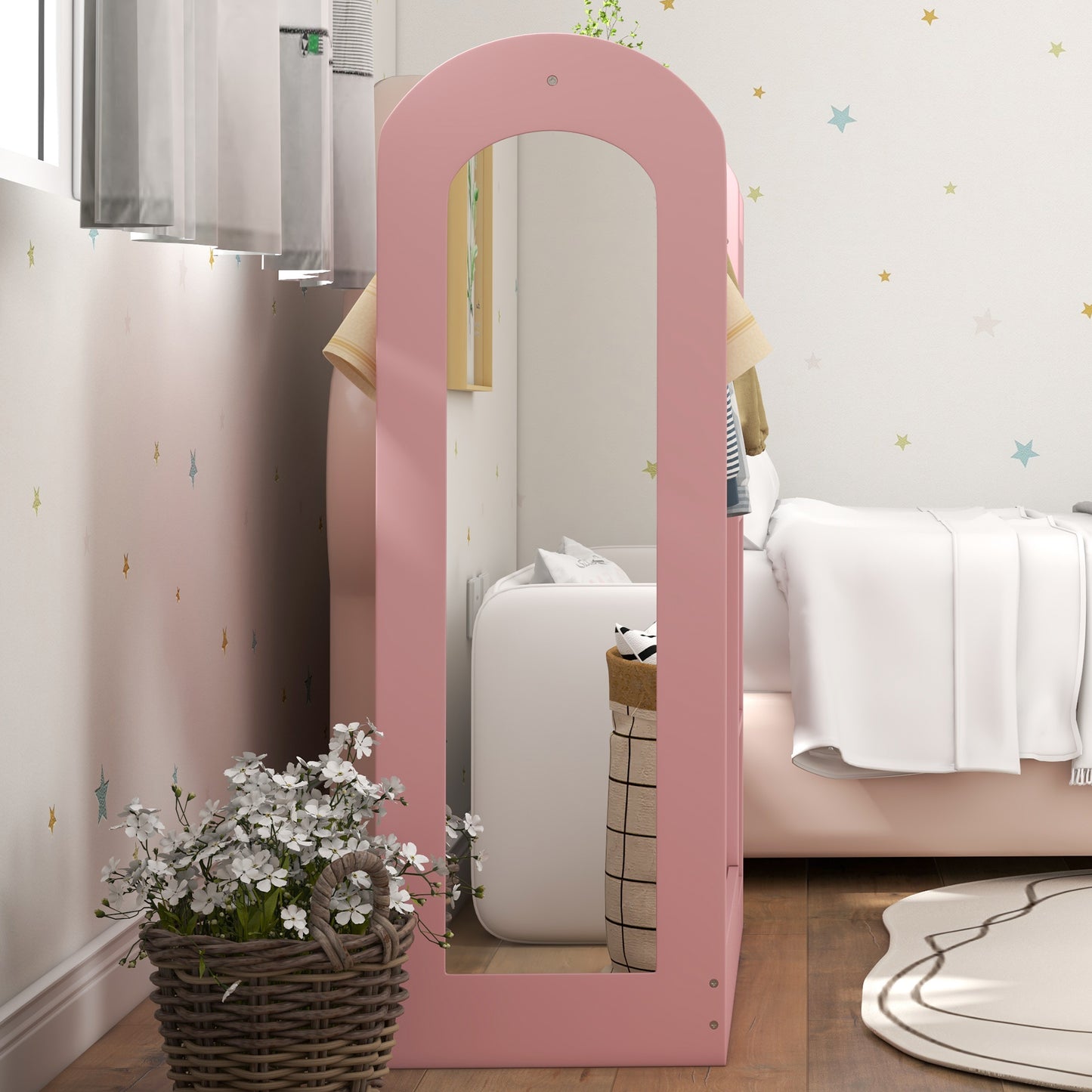 AIYAPLAY Kids Clothes Rail With Storage Shelf Boxes And Mirror For Bedroom And Nursery Pink