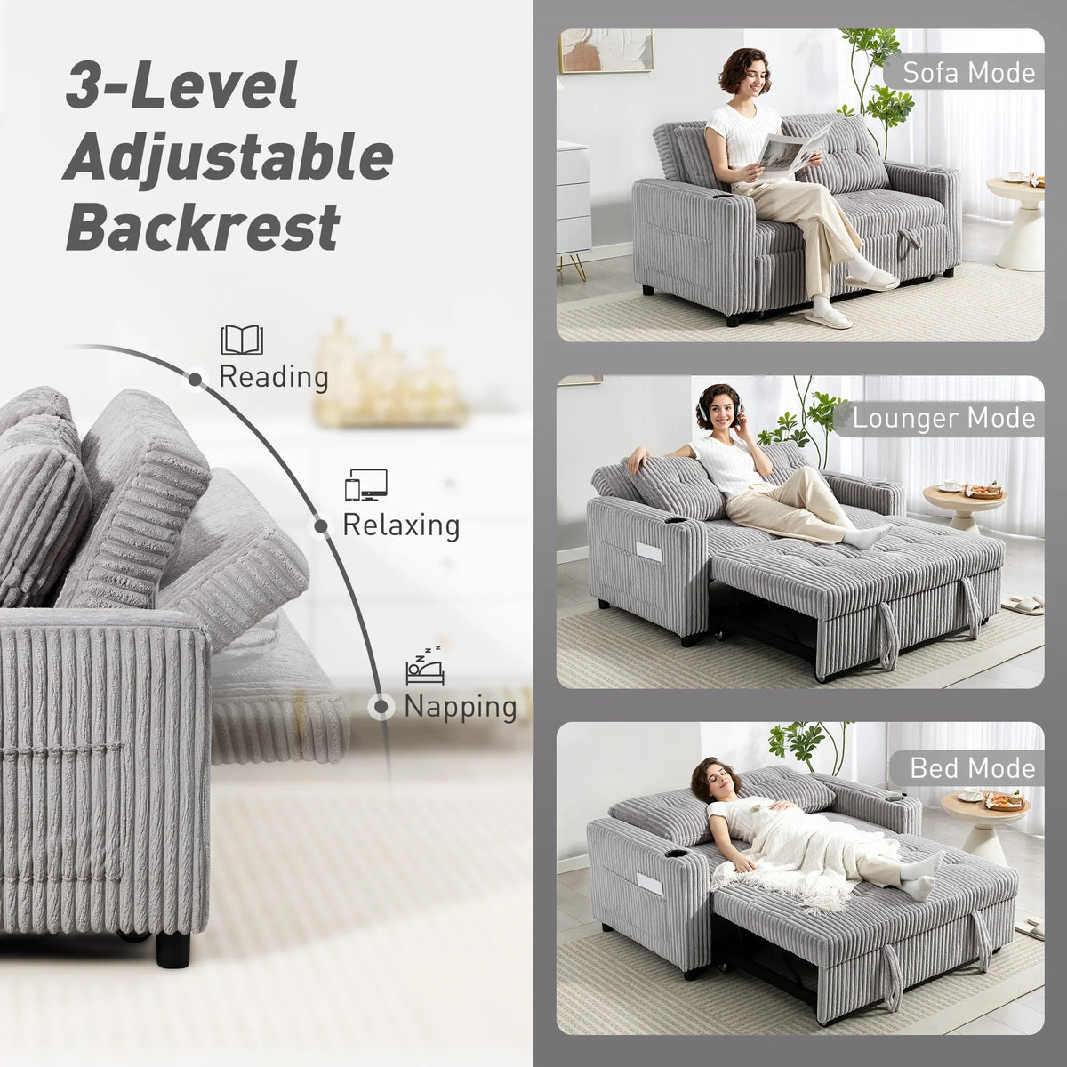 Light grey corduroy sofa bed with adjustable backrest in sofa, lounger, and bed modes