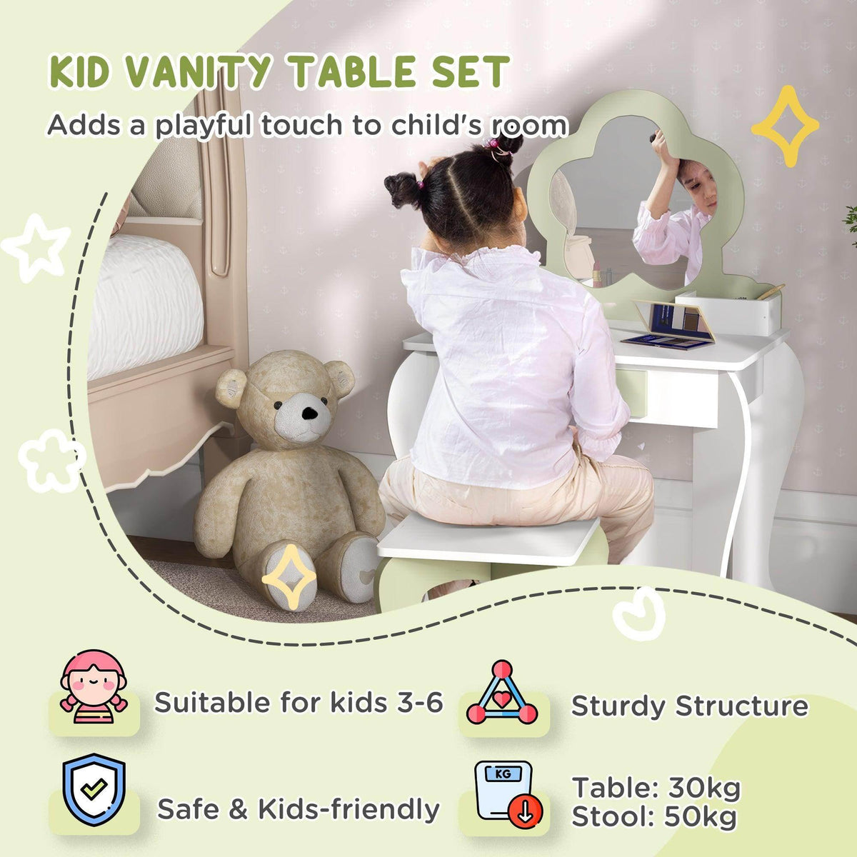 White kids vanity table set with flower mirror and matching stool, rear view