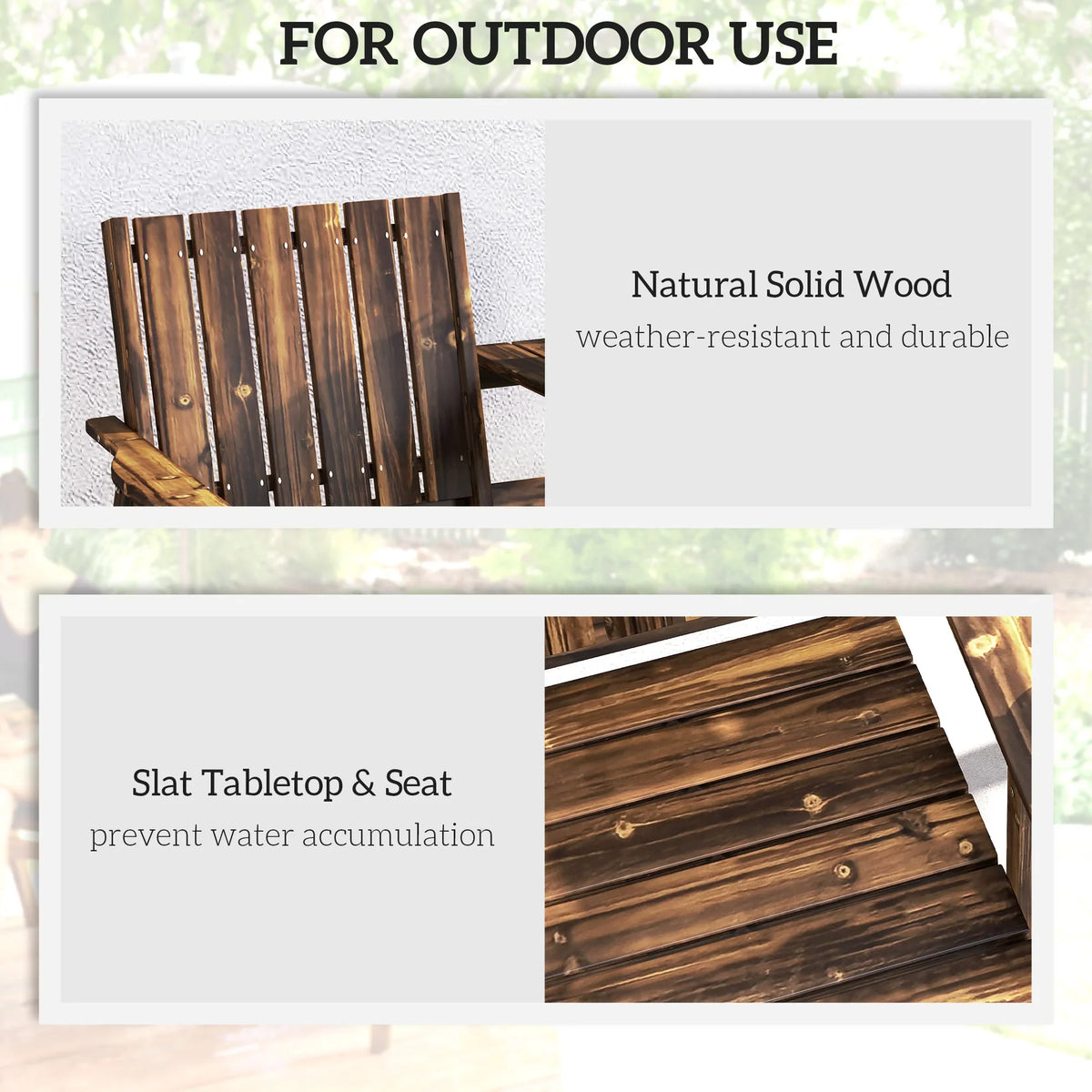 Brown wooden loveseat showing slatted tabletop and seat for outdoor water drainage