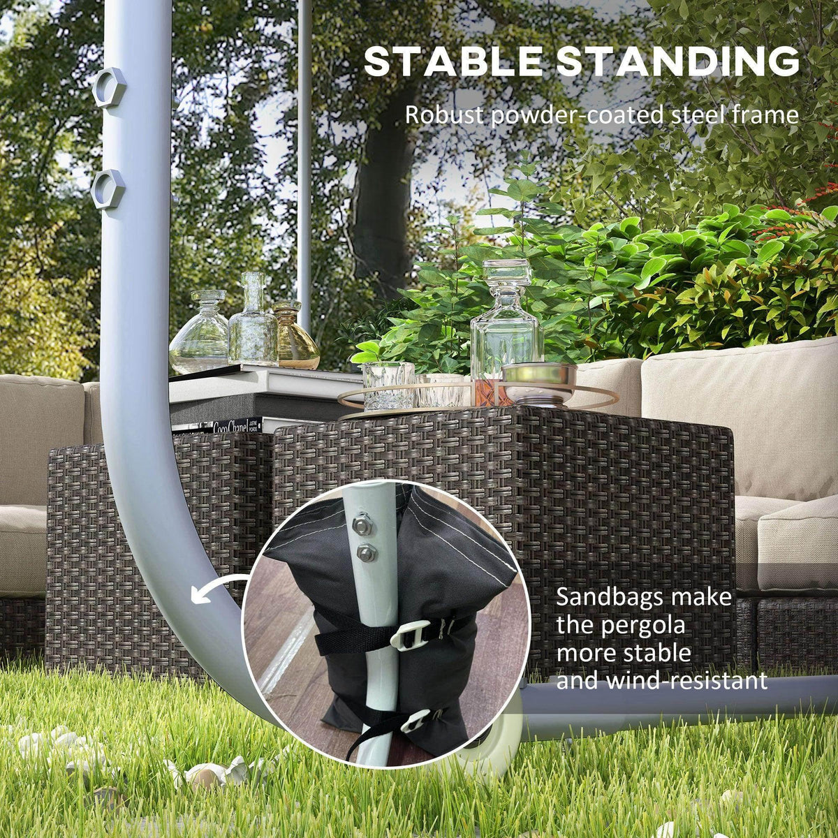 Portable pergola kit with sandbags for added stability and wind resistance