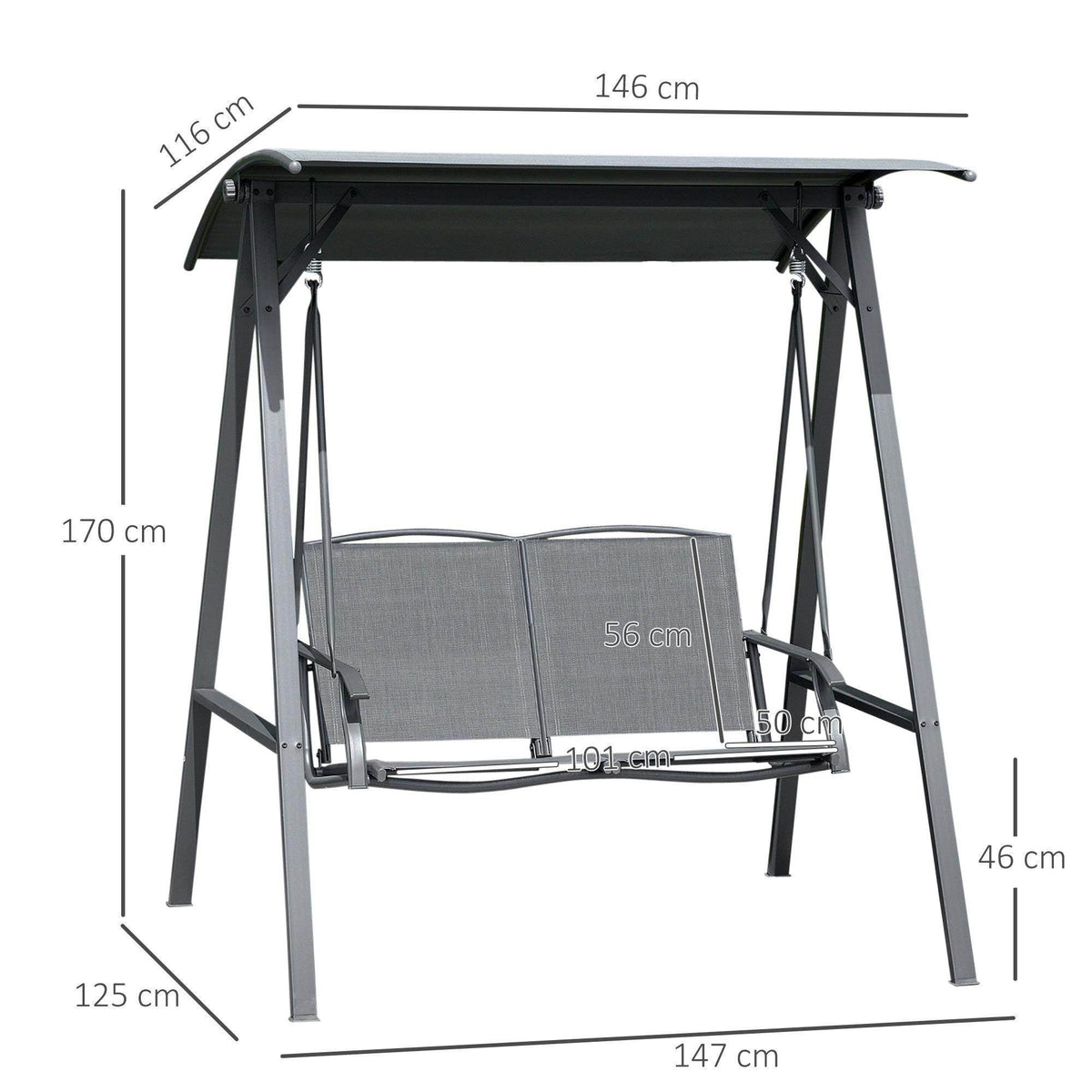 Grey 2-seat swing bench with adjustable canopy shown with seat and frame dimensions