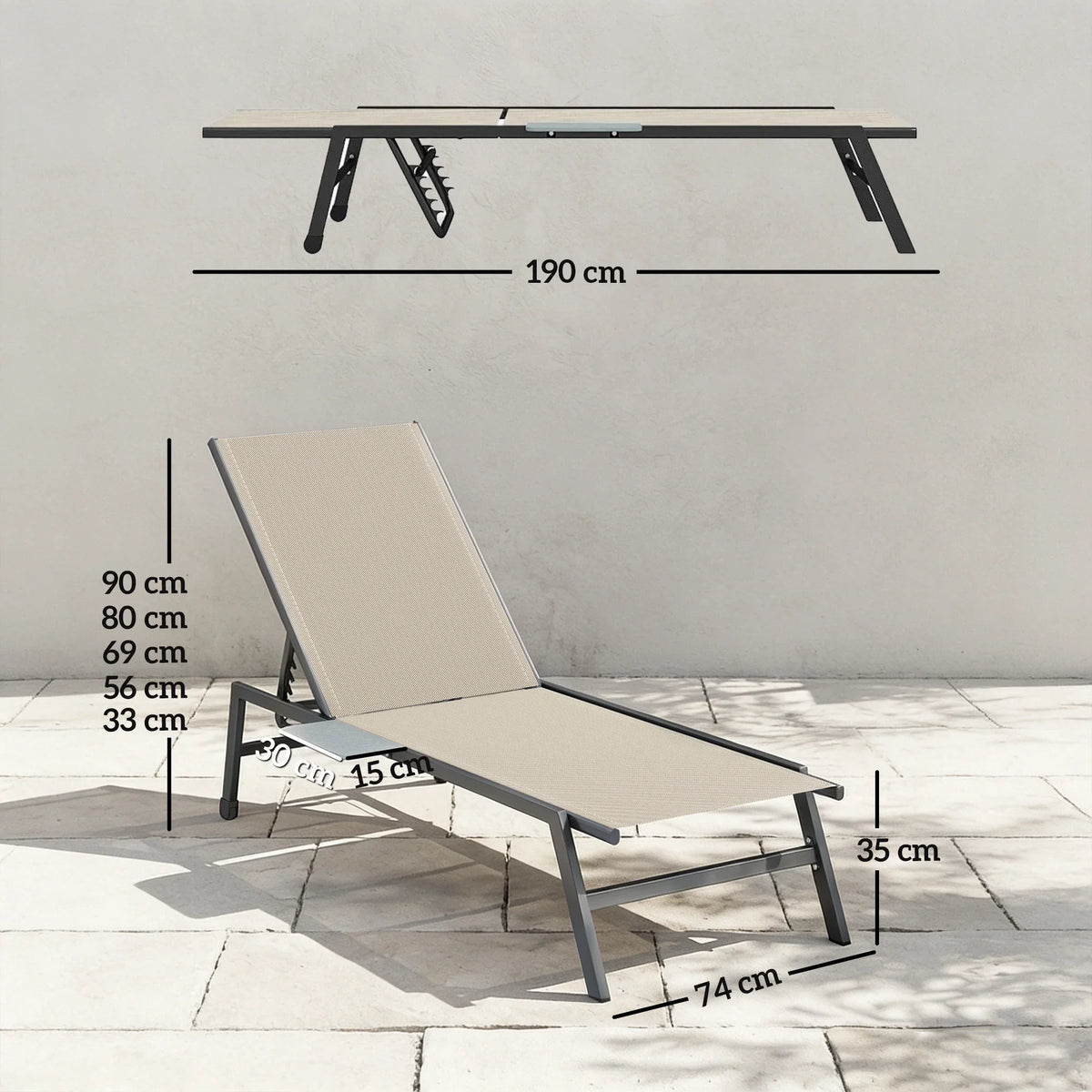 Adjustable sun lounger with side tray table and five-position backrest, 190 cm length