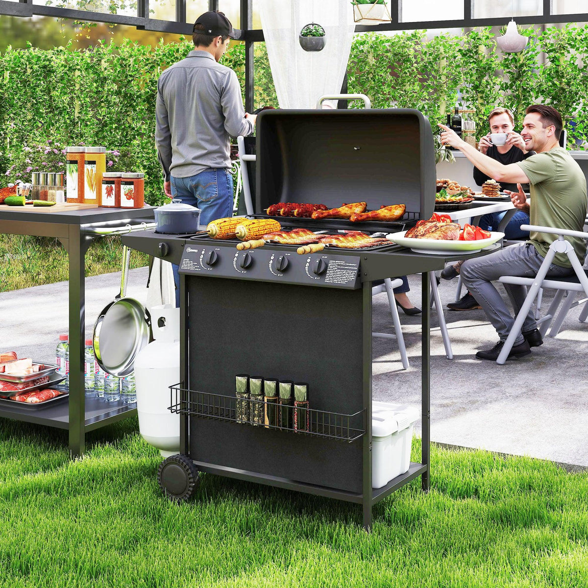 Portable gas BBQ grill with open lid, side table, spice rack and wheels