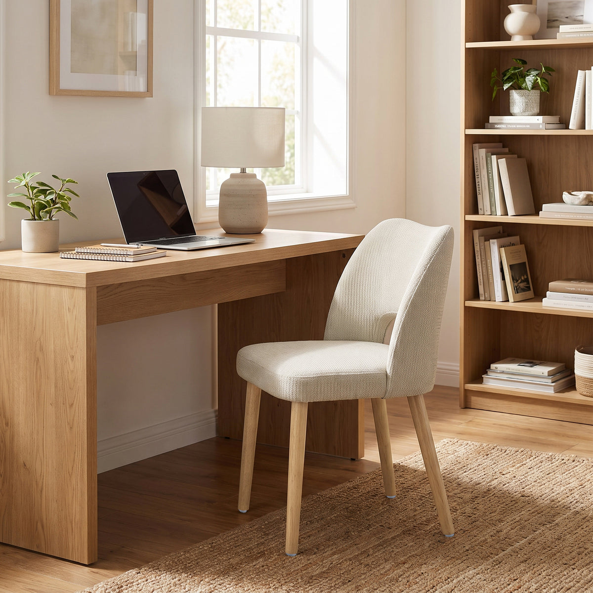 Beige chenille dining chair with curved back, cushioned seat, and tapered rubberwood legs.
