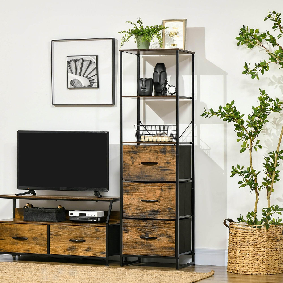 Industrial bookshelf with open shelves and foldable drawer fronts, rustic brown wood.