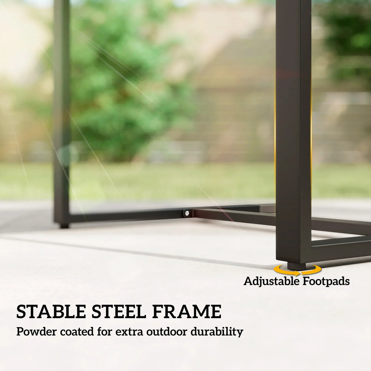Black table frame with adjustable footpads for stable outdoor use