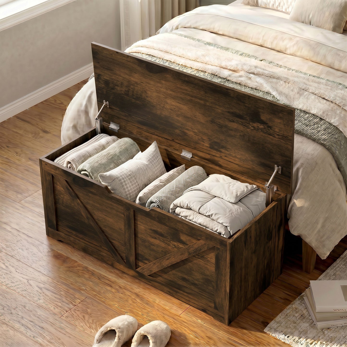 HOMCOM 127L Storage Trunk With Safety Hinges Rustic Brown Wood Effect Bench Seat