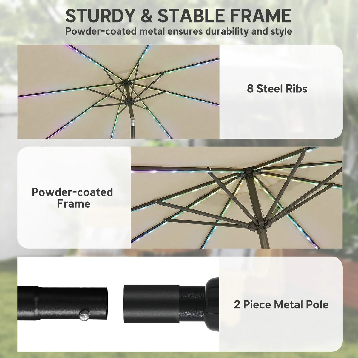 Beige parasol frame detail with powder-coated metal pole and steel rib supports