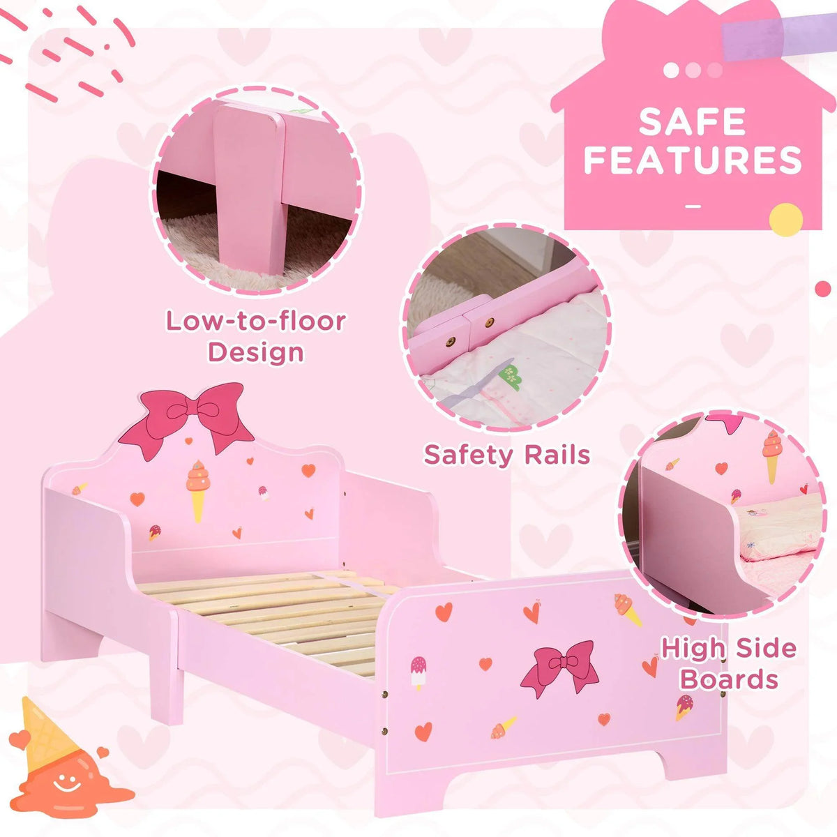 Pink toddler bed with low-to-floor design and side safety rails, high boards