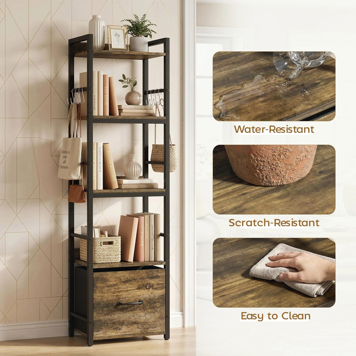 Narrow bookshelf with rustic brown shelves and drawer, metal frame with easy-clean surface