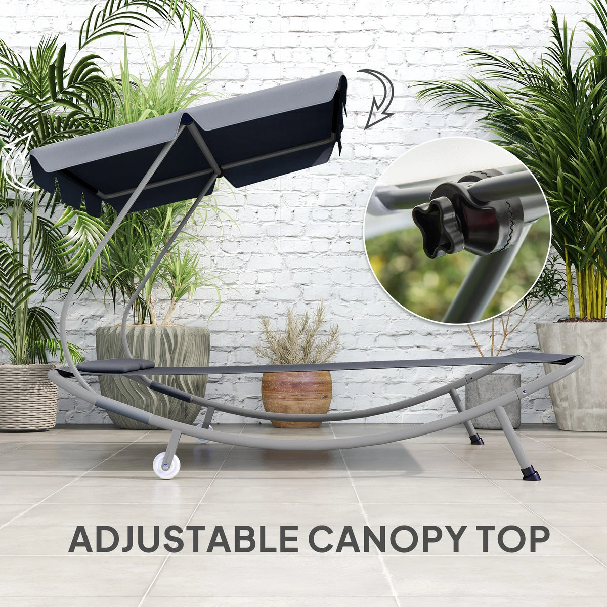 Light grey double outdoor daybed with adjustable detachable canopy and curved base frame