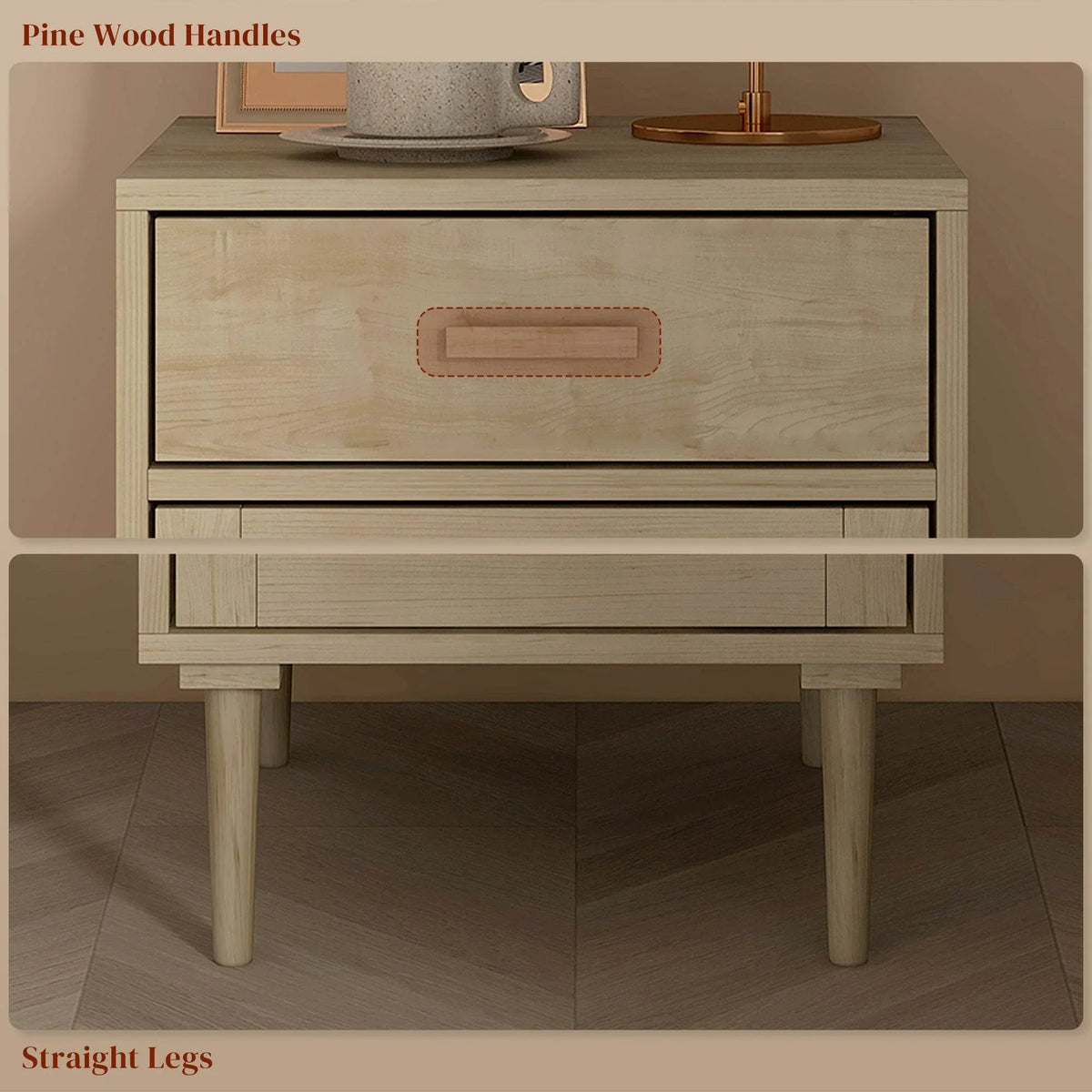 Light wood nightstand with front drawer and pine wood-style handle, straight legs