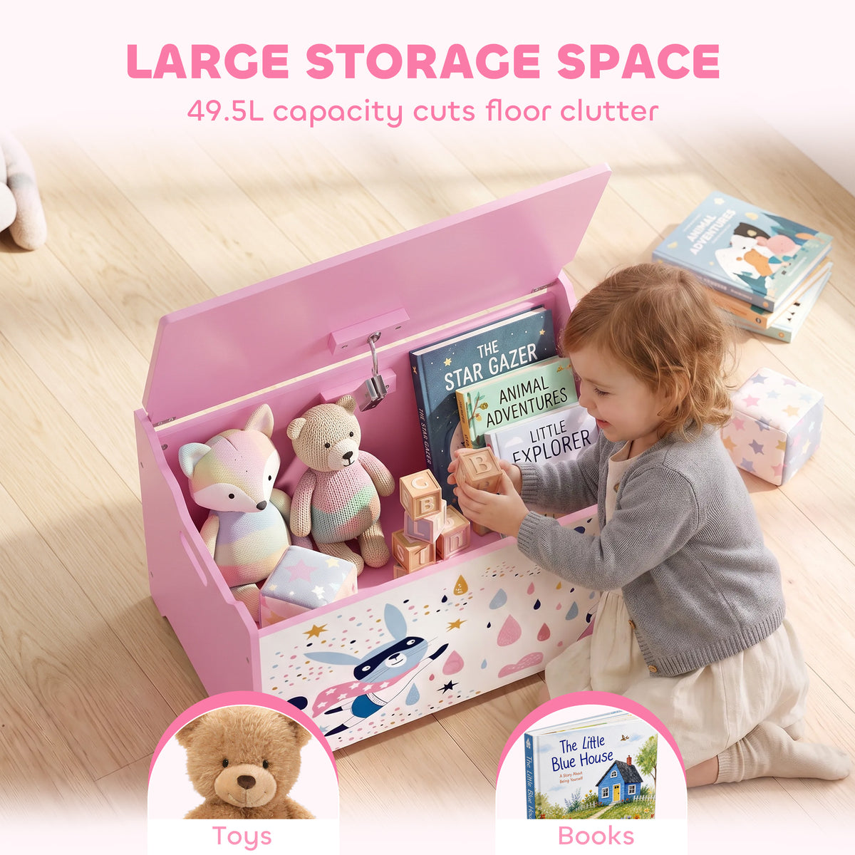 Pink wooden toy chest open with large storage holding toys and books