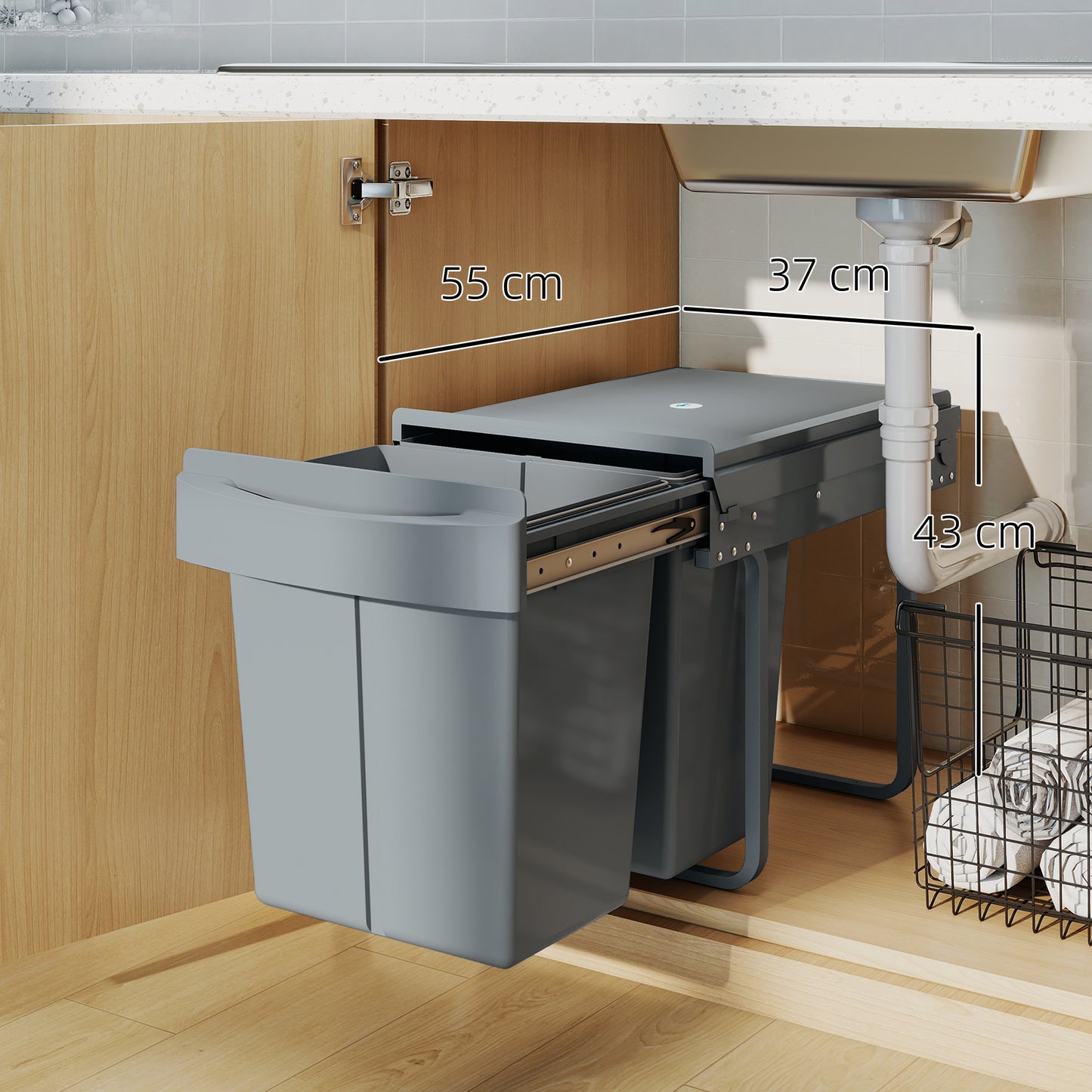 HOMCOM Pull Out Kitchen Bin Under Sink With Dual Removable Compartments And Smooth Glide Grey