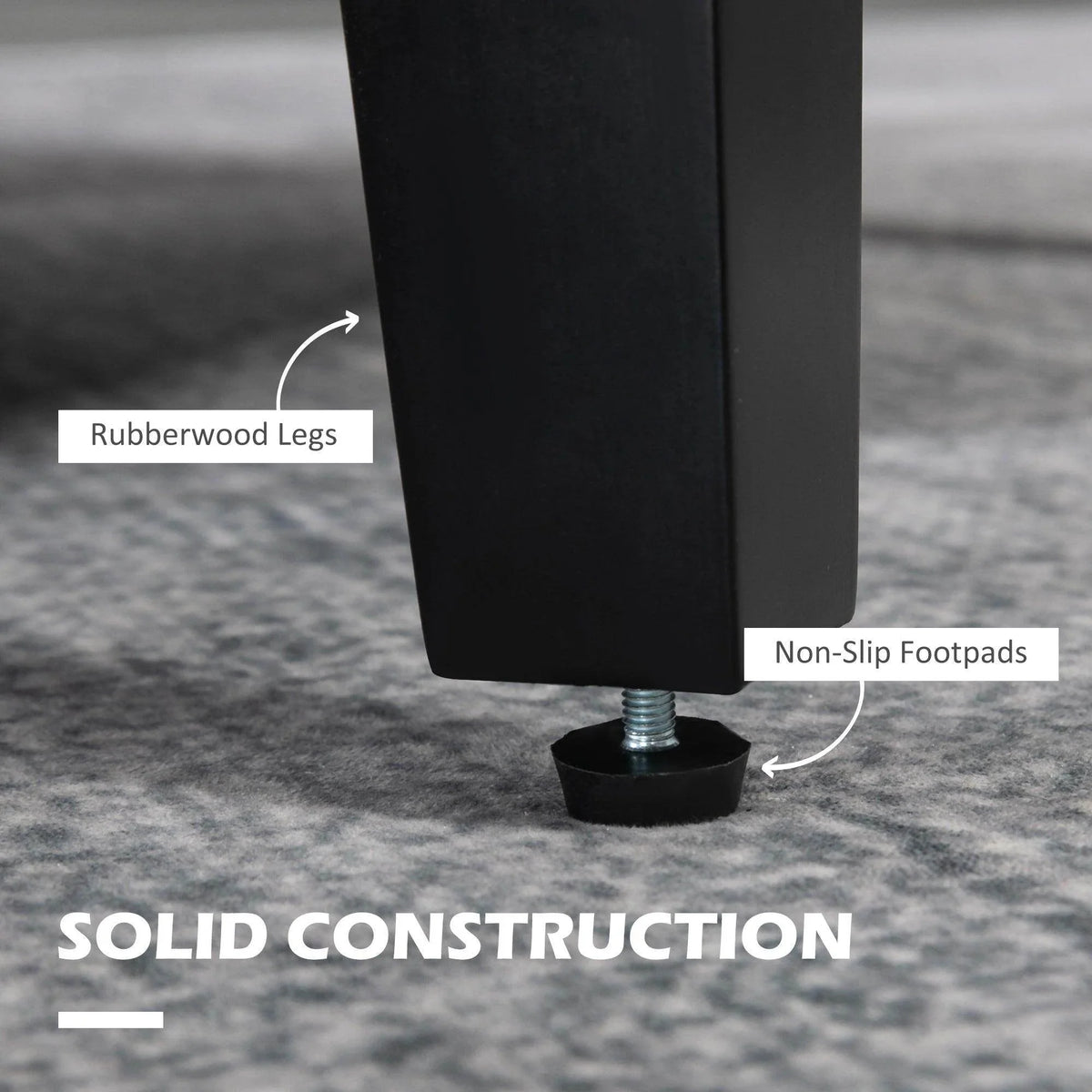 Blue armchair with rubberwood-style legs and black non-slip footpads.