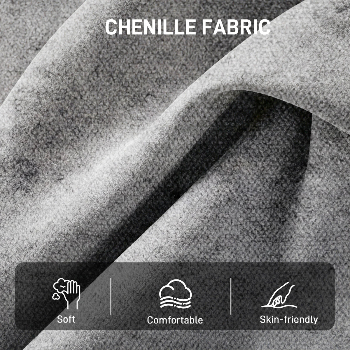 Grey chenille fabric upholstery close-up with soft, comfortable, skin-friendly finish