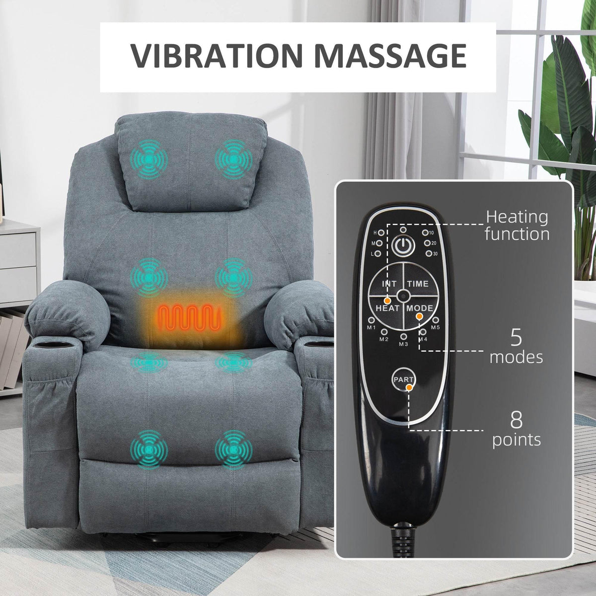 Electric lift recliner chair, charcoal fabric, massage and heat functions shown