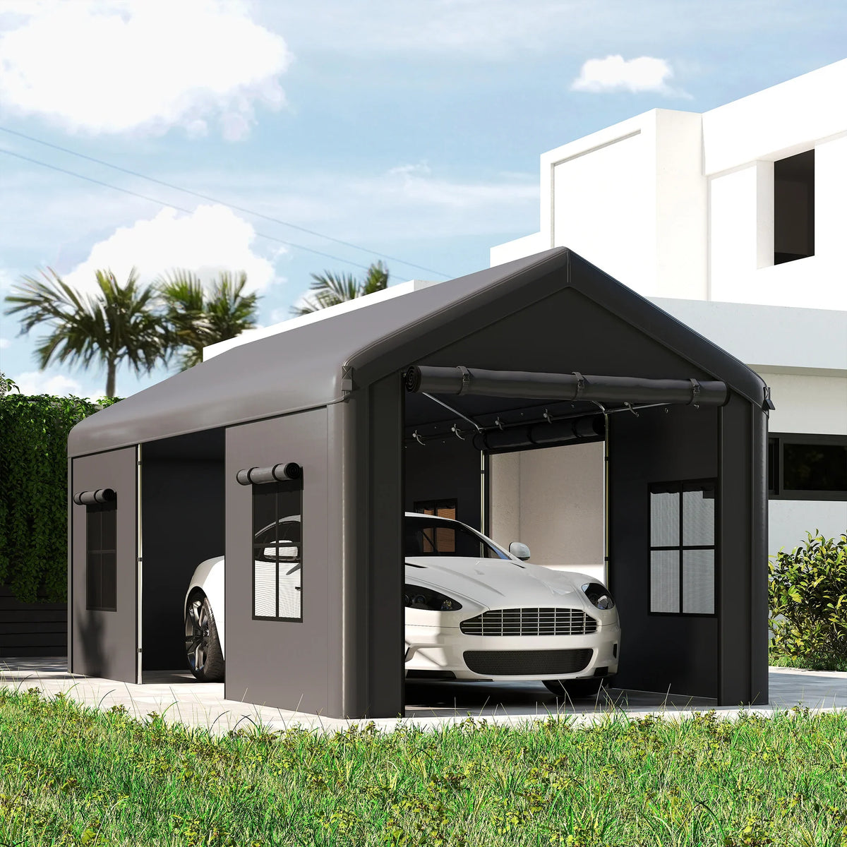 Dark grey enclosed carport tent with front entrance and side mesh window panels