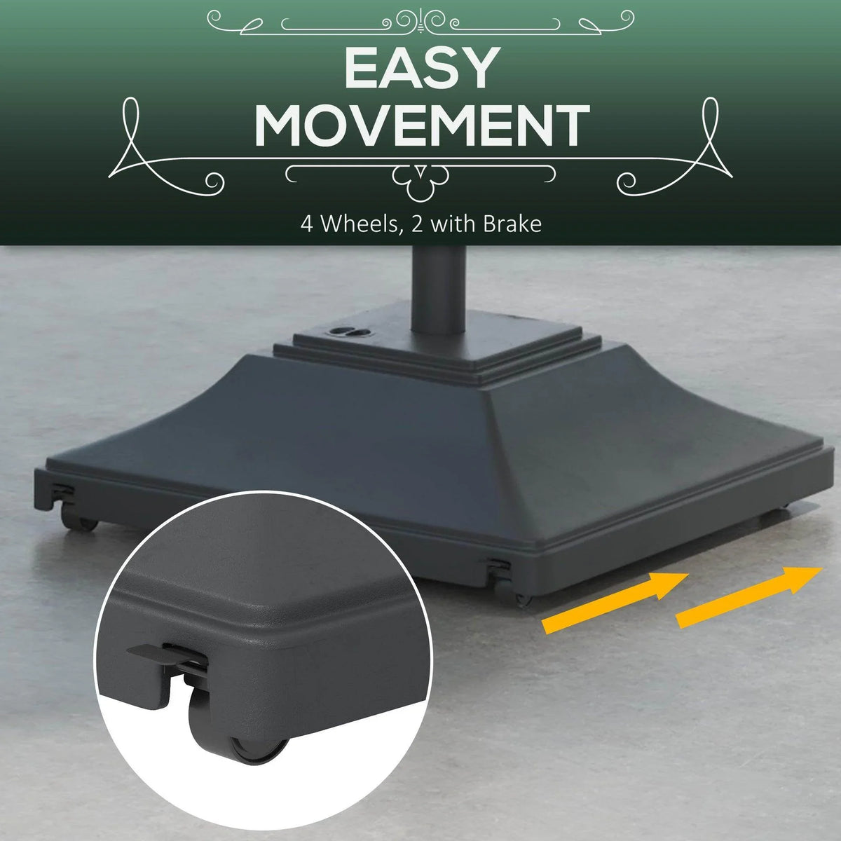 Black square umbrella base with four wheels, two with brake, and center pole.