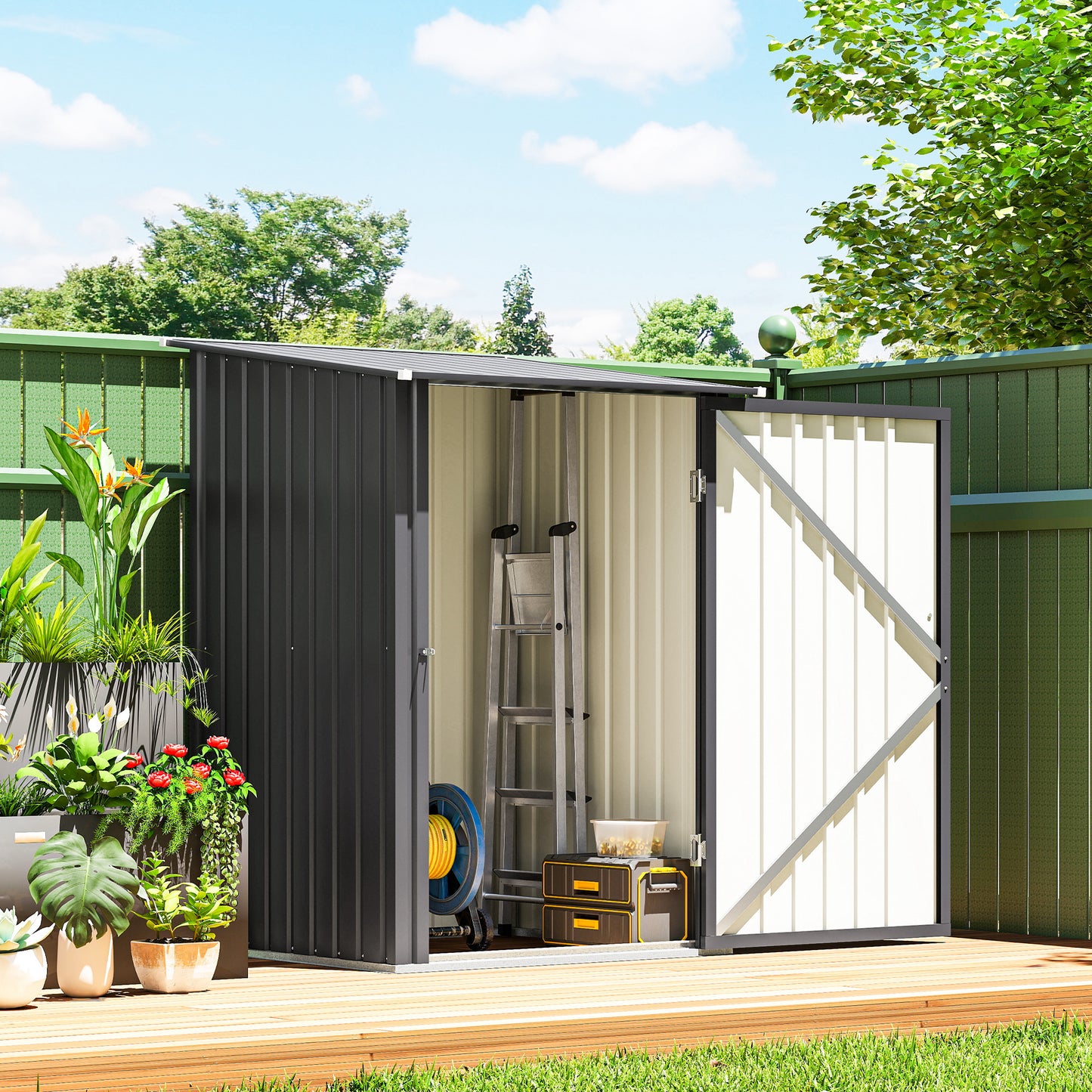 Outsunny Steel Lean To Garden Shed With Locking Door Dark Grey For Outdoor Storage