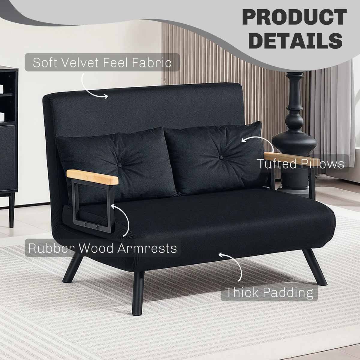 Black velvet-feel sofa bed with two tufted pillows and thick padded seat