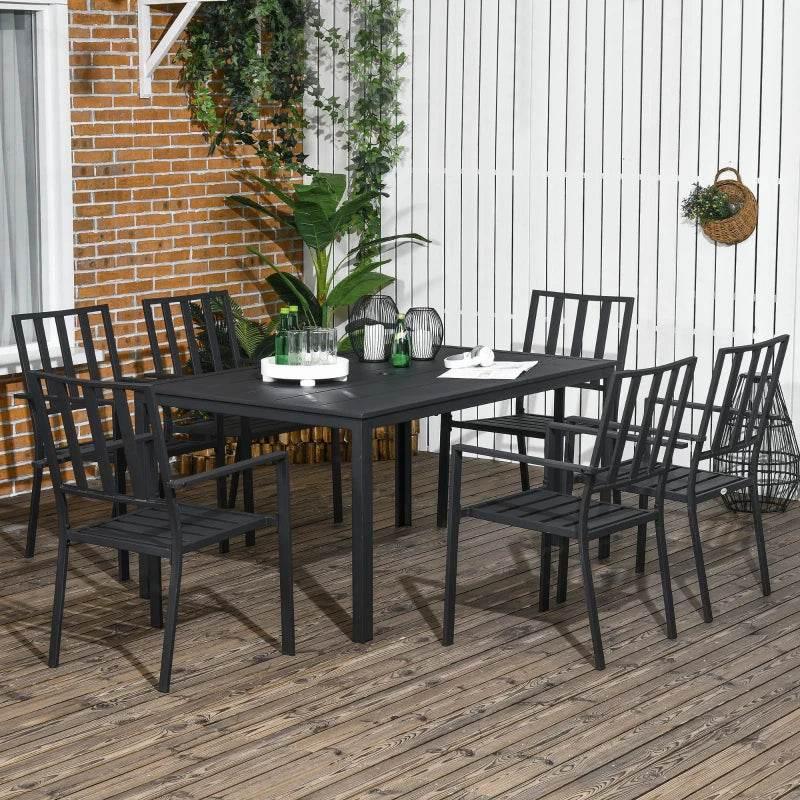 Black metal patio dining set with rectangular table and six stackable chairs