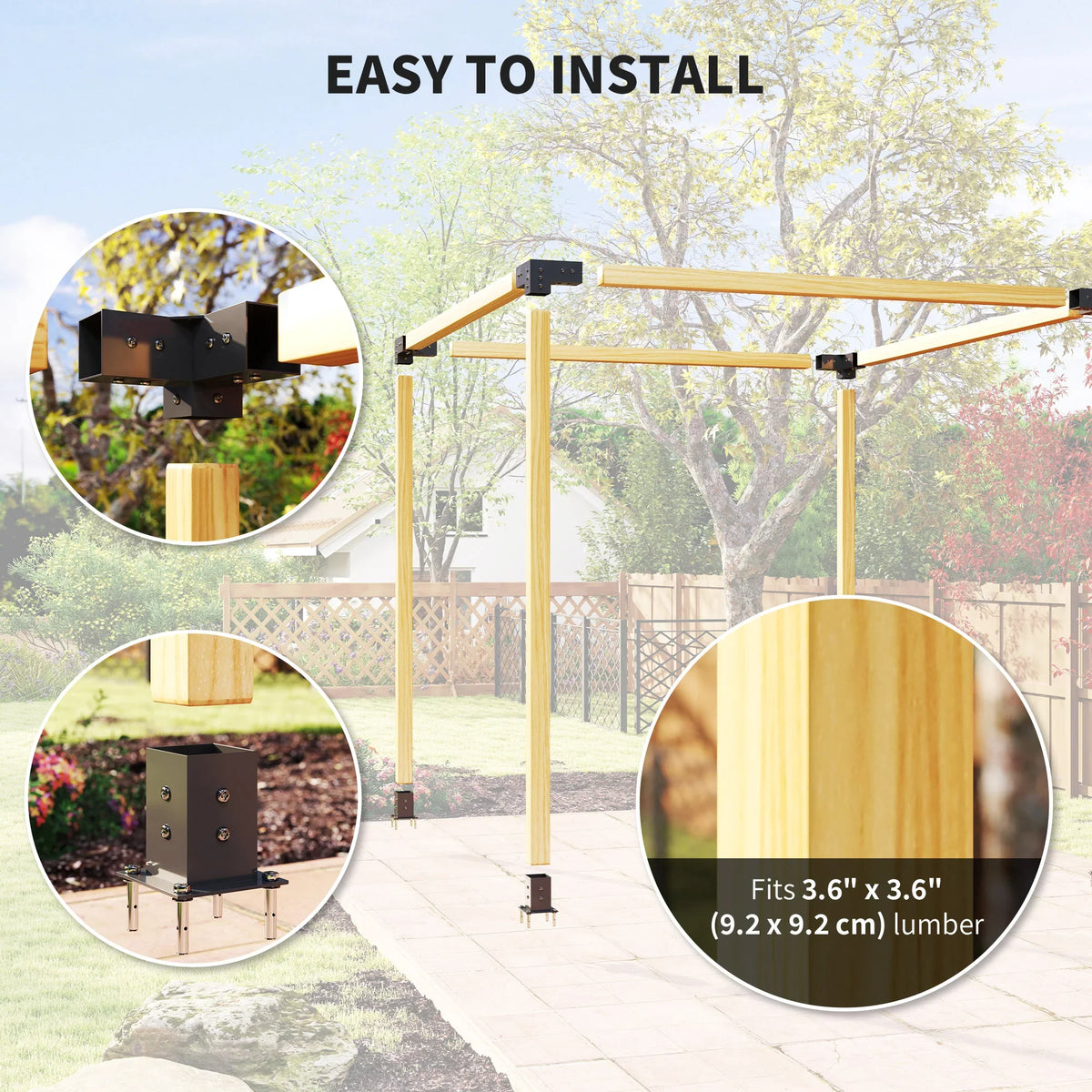 Pergola bracket kit parts with corner mounts and 4x4 post base for DIY installation