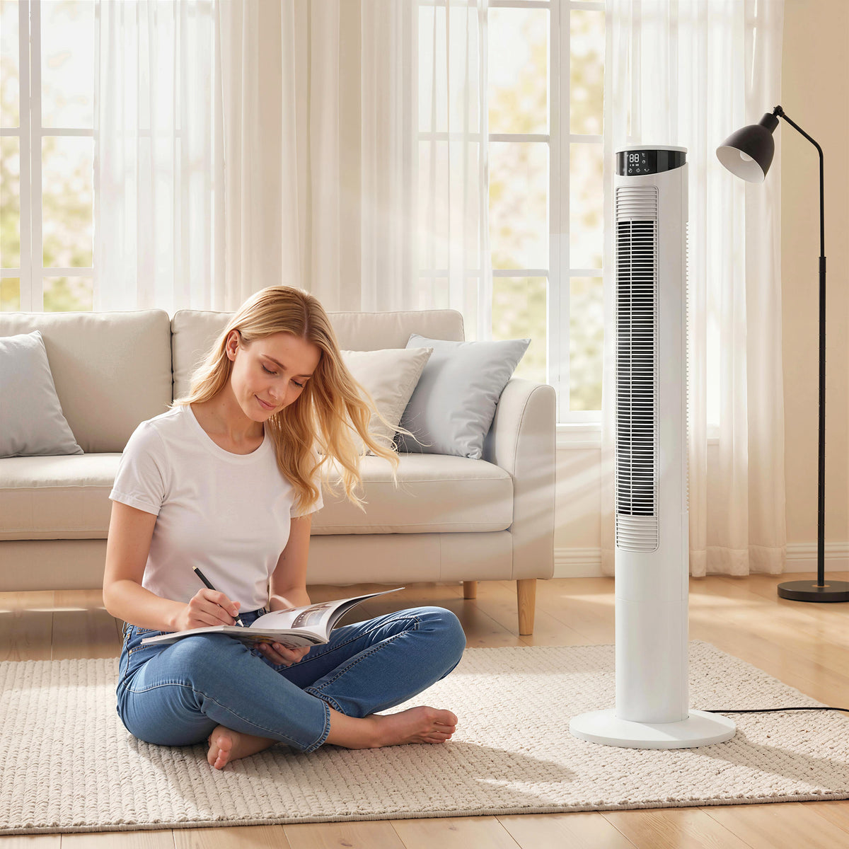 White tower fan with slim vertical grille and round base