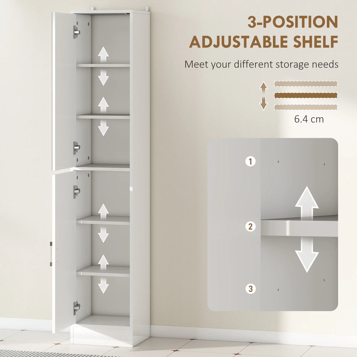 Tall bathroom cabinet with 3-position adjustable shelves and mirrored door, white