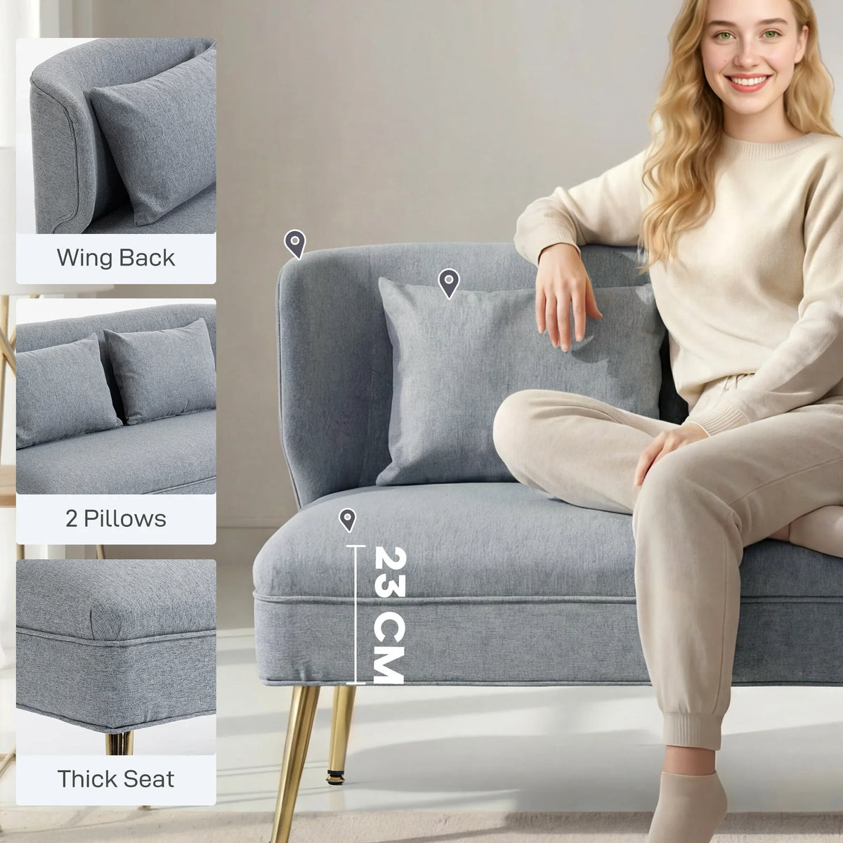 Light grey wing back sofa with two back cushions, thick seat, and gold metal legs