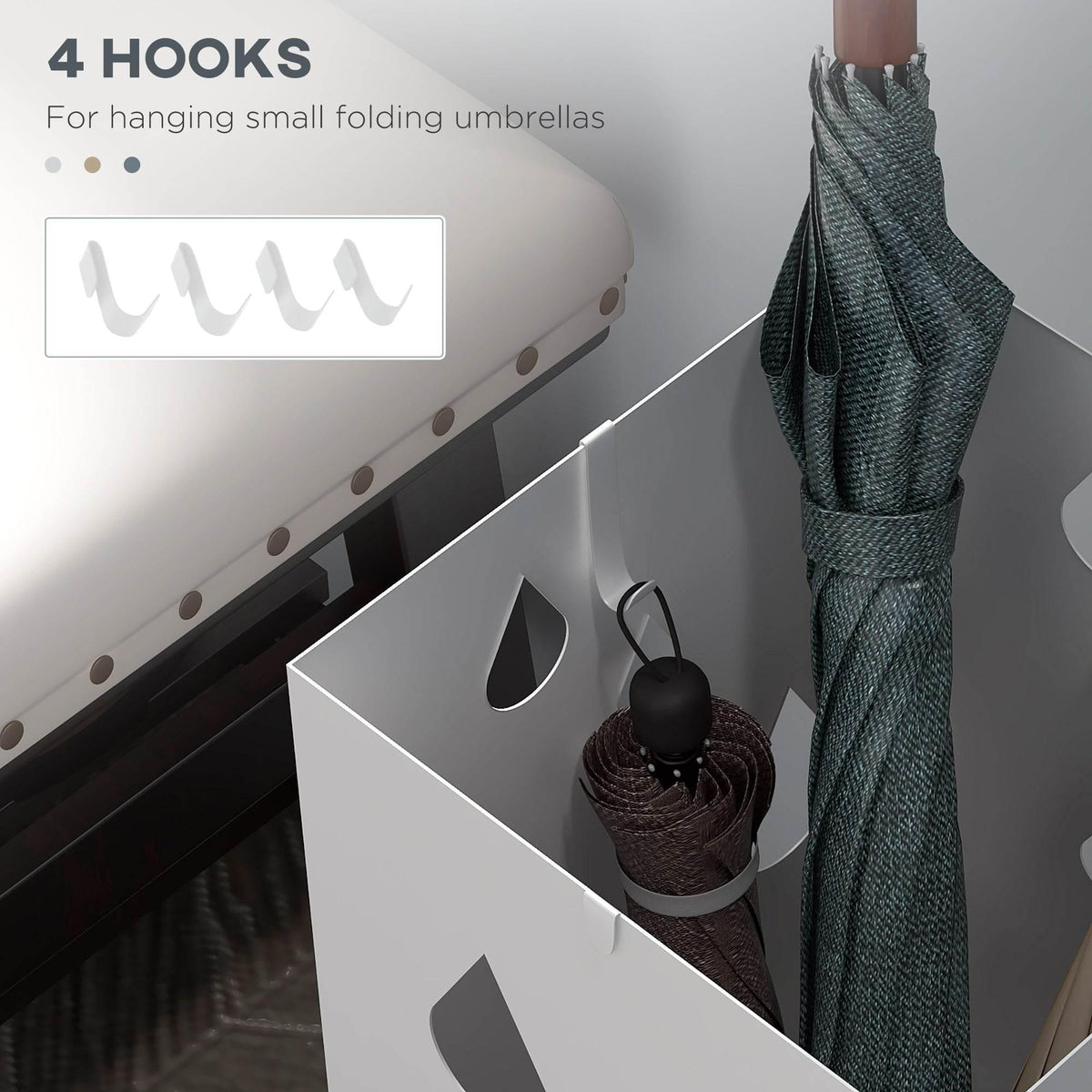 White umbrella holder stand with 4 side hooks for small umbrellas