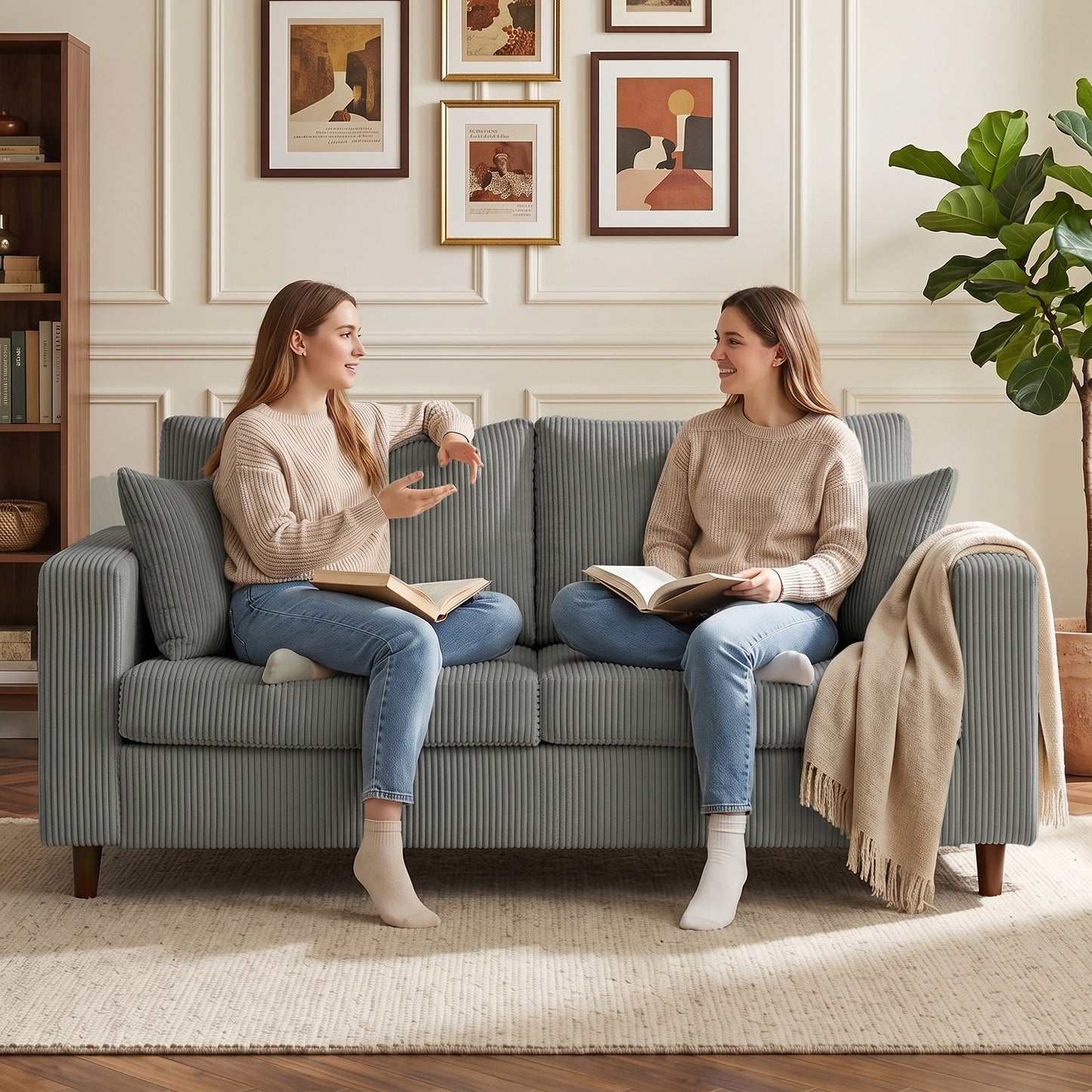 HOMCOM Corduroy Loveseat Sofa 2 Seater With Wide Deep Seat And Spring Cushion In Light Grey