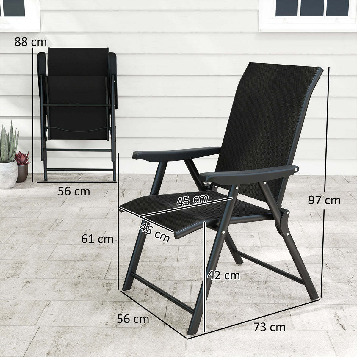 Black folding patio chair with breathable mesh back and seat on steel frame