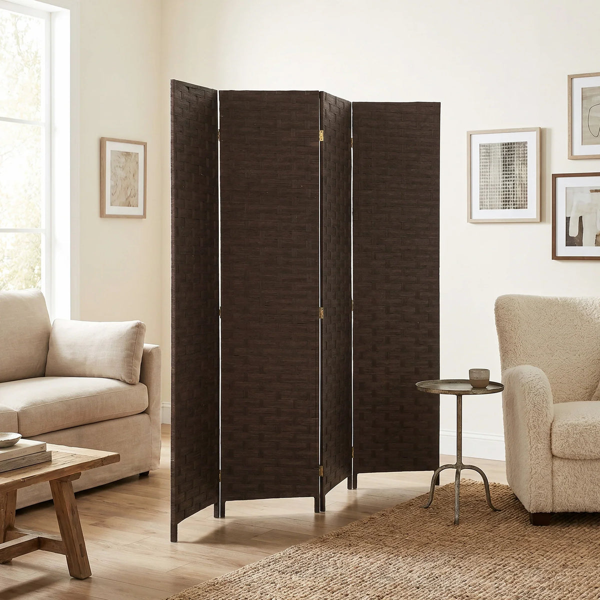 Four-panel folding privacy screen in dark brown with woven texture and vertical hinges