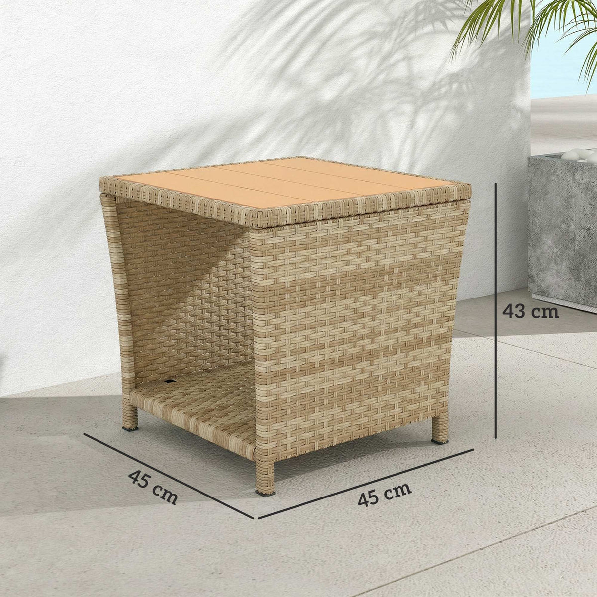 Square outdoor side table with open storage shelf, khaki woven rattan-look sides