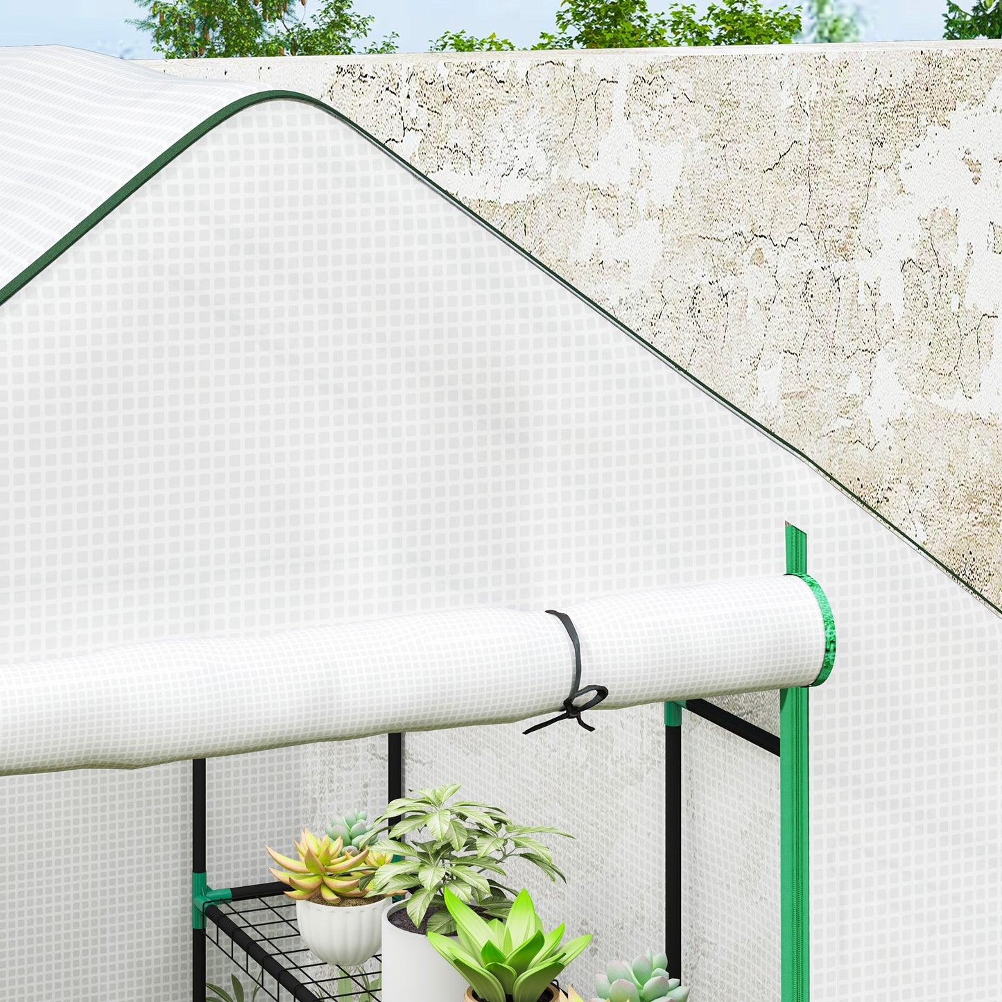 Outsunny Walk In Plastic Greenhouse 143x140 cm With Four Shelves On Each Side Roll Up Door UV Resistant Cover White