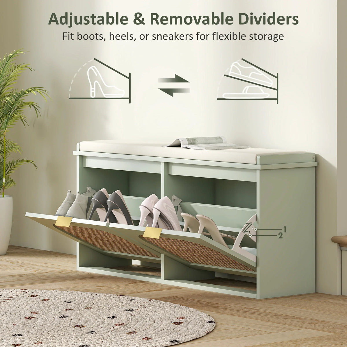 Light green shoe bench with adjustable dividers inside open flip drawers