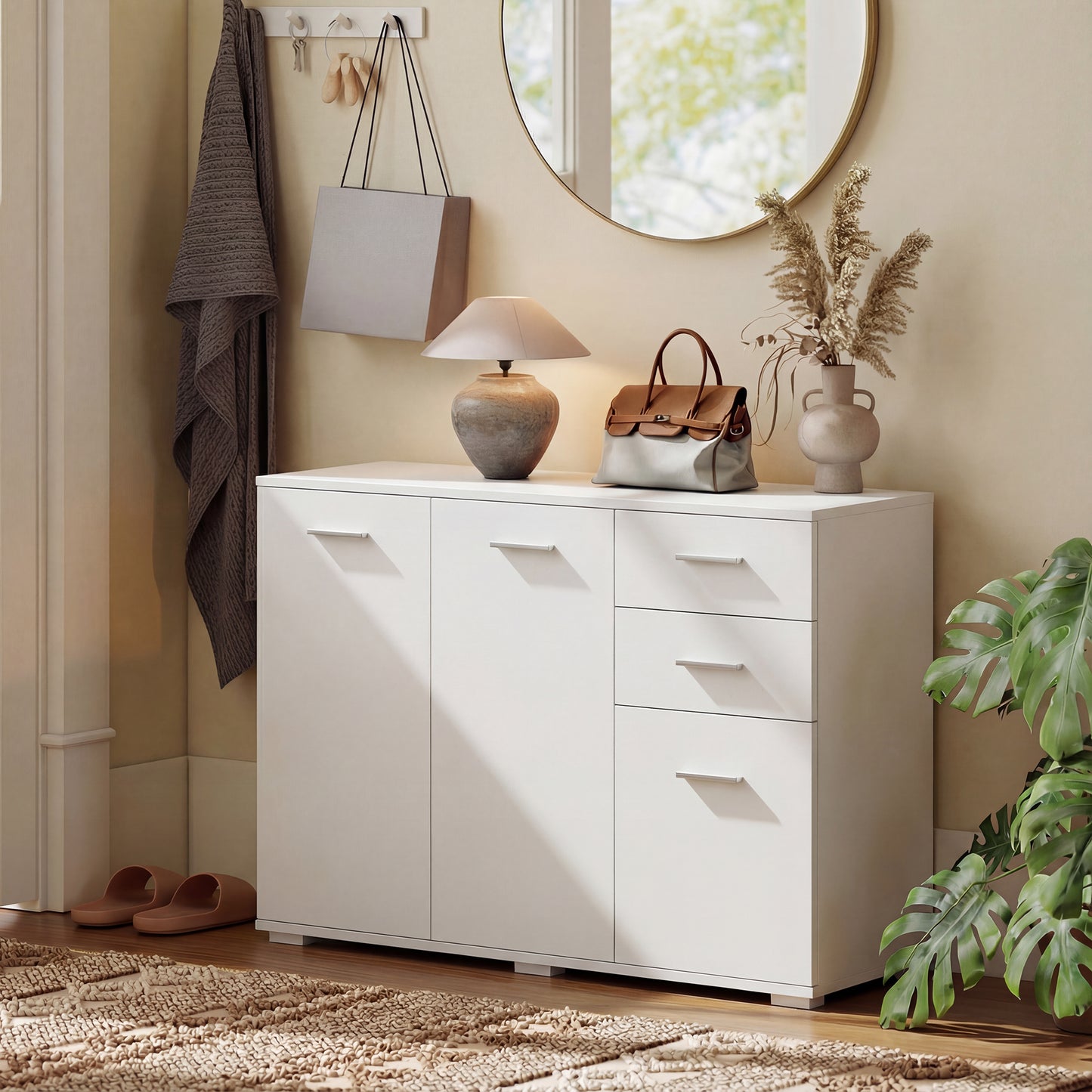 HOMCOM White Sideboard Cabinet With 2 Drawers 3 Doors And Adjustable Shelves For Modern Storage